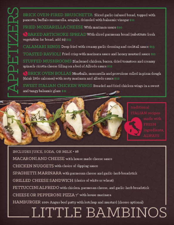 pasta amore menu page