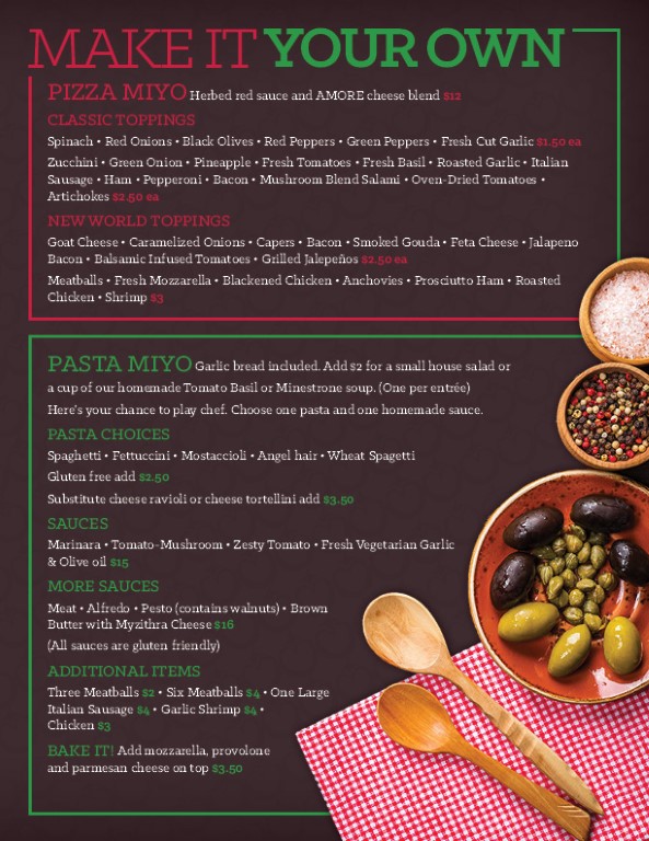 pasta amore menu page