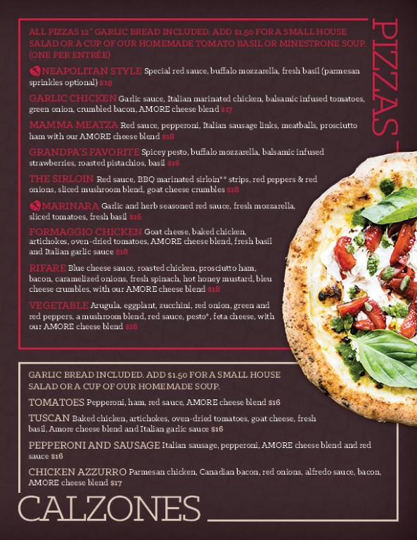 pasta amore menu page