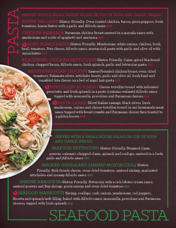 pasta amore menu page