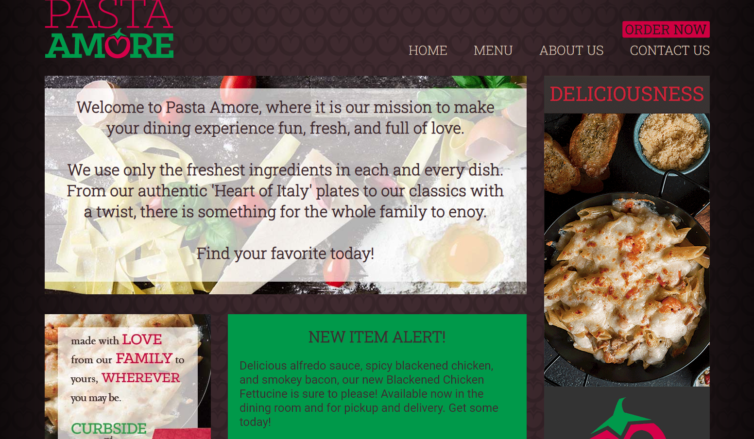 a screenshot of the mock website for Pasta Amore